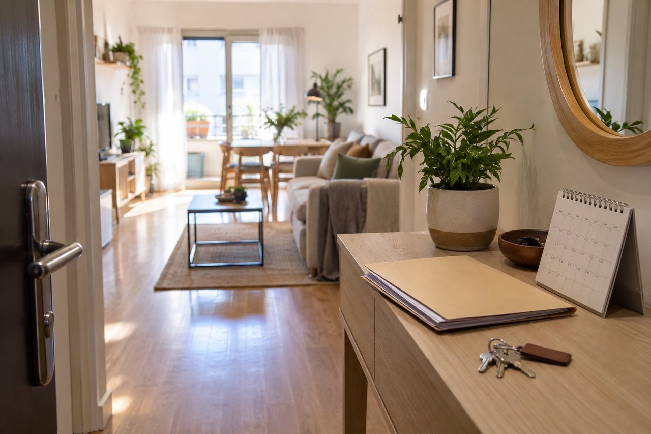 Entrada de una vivienda alquilada con una carpeta de incidencias, calendario y llaves.