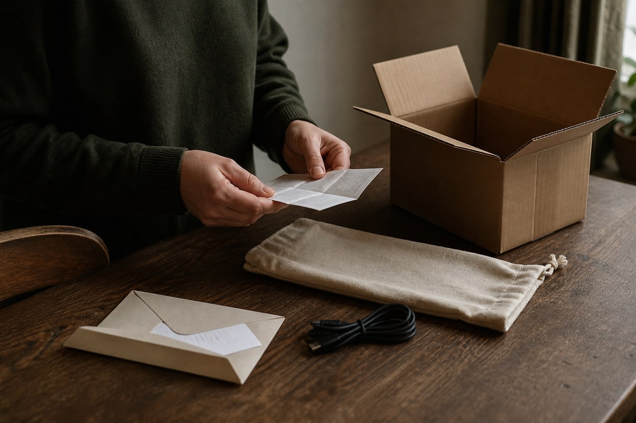 Unas manos comprueban una compra reciente junto a su caja, cable, funda, instrucciones y justificante.