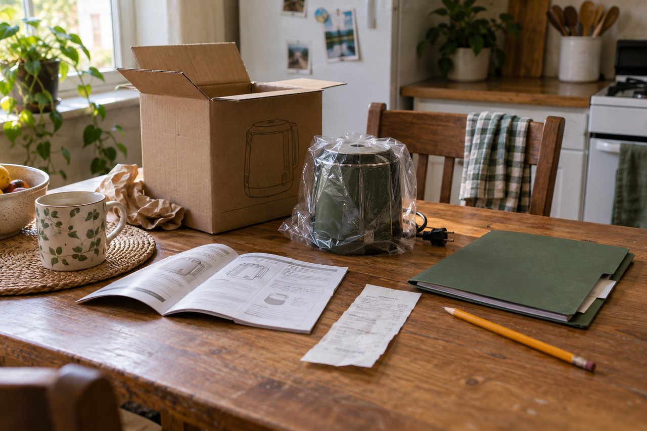 Un pequeño electrodoméstico recién desembalado sobre una mesa de cocina junto a su caja y una carpeta.