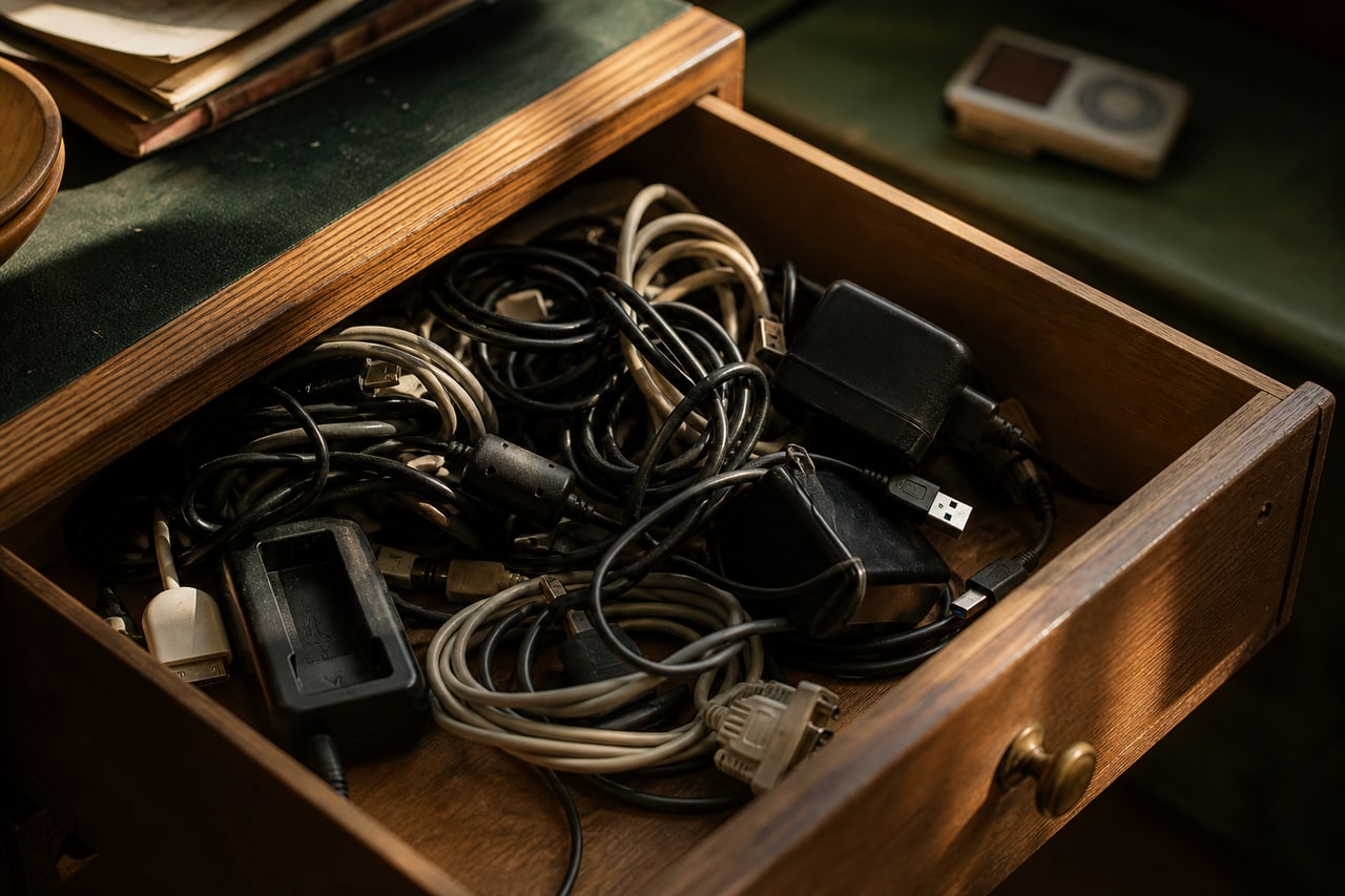 Un cajón de madera abierto contiene cables actuales y antiguos junto a un pequeño reproductor desenfocado.