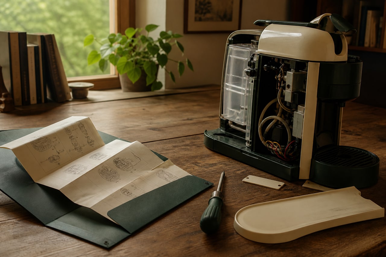 Un pequeño electrodoméstico, un manual plegado y un destornillador descansan sobre una mesa doméstica.