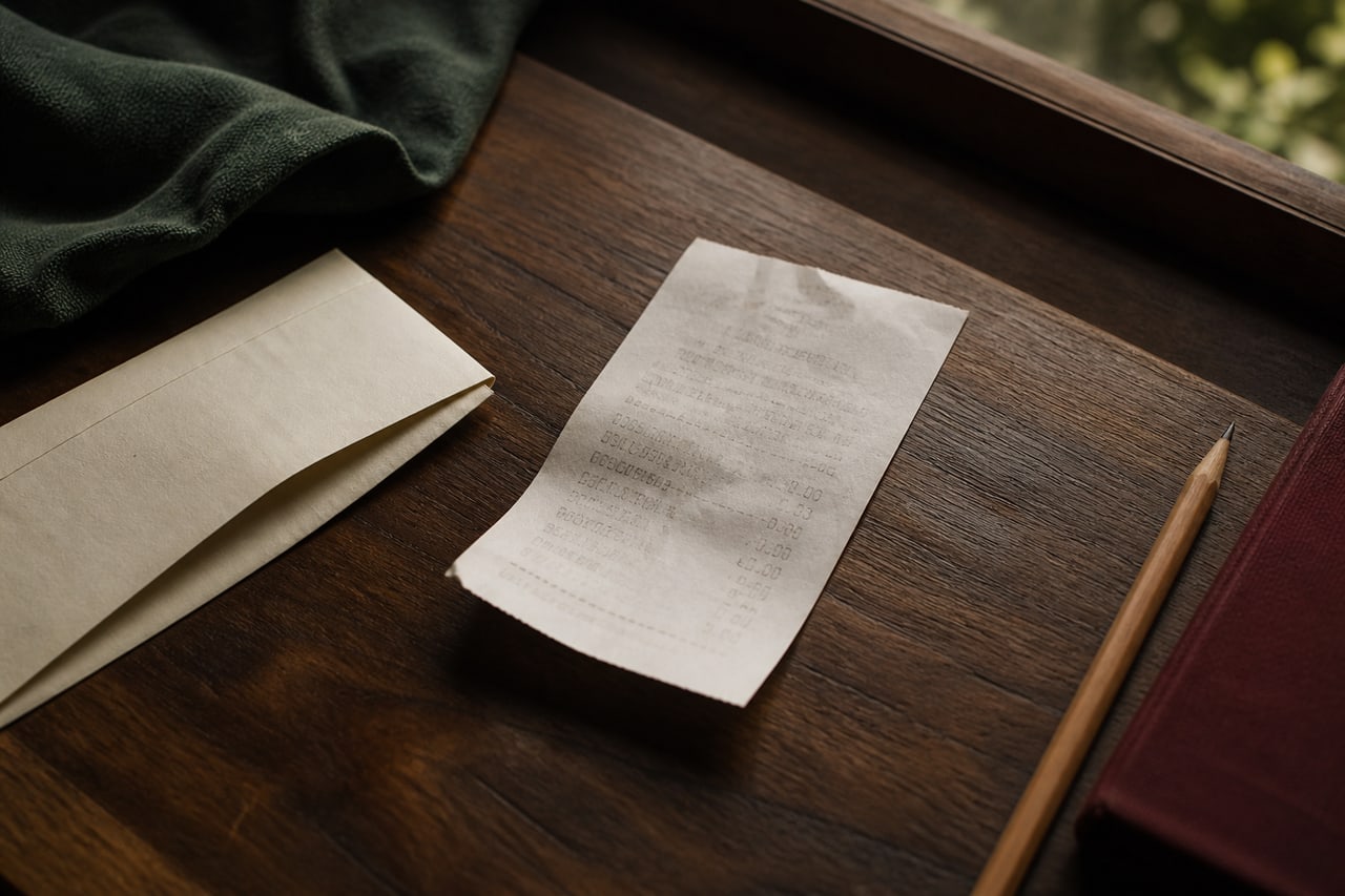 Un ticket térmico parcialmente desvanecido sobre una mesa de madera, junto a un sobre y un lápiz.