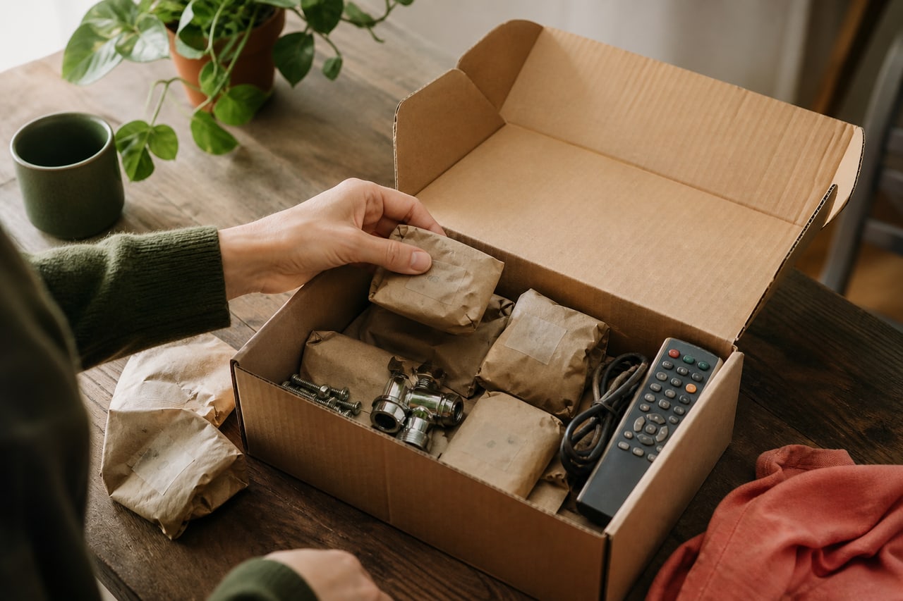 Una caja abierta reúne pequeños recambios en bolsas de papel mientras una mano revisa qué conservar.