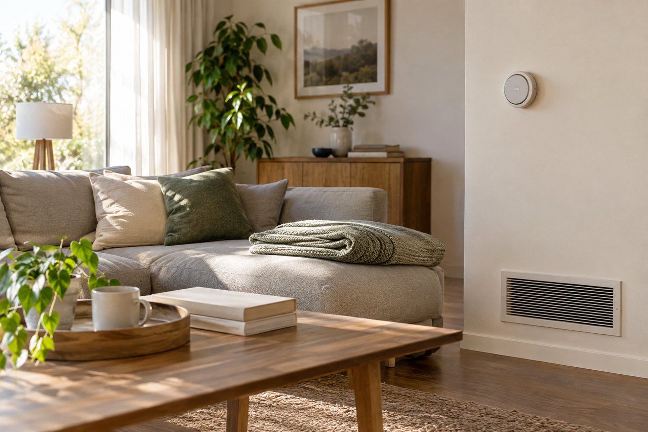 Salón real con termostato neutro, rejilla de climatización y una manta doblada.