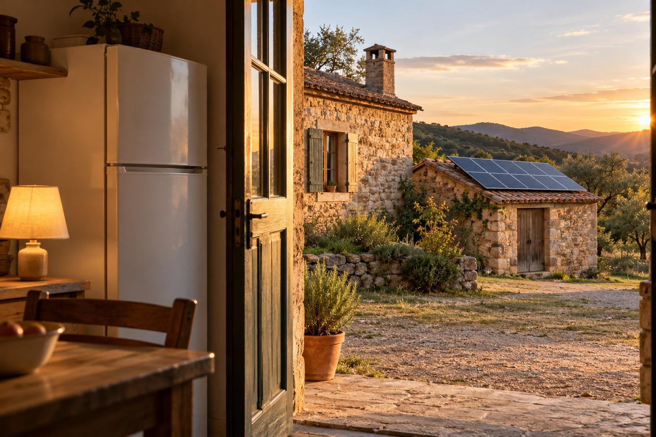 Frigorífico y lámpara dentro de una casa rural, con paneles solares sobre un cobertizo al atardecer.