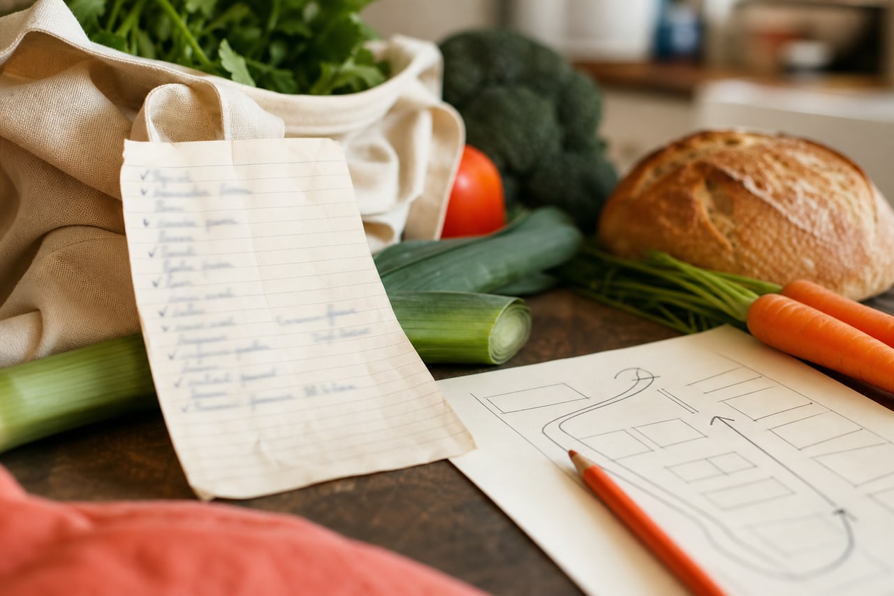 Una lista manuscrita desenfocada descansa junto a alimentos, una bolsa de tela y un esquema de pasillos.