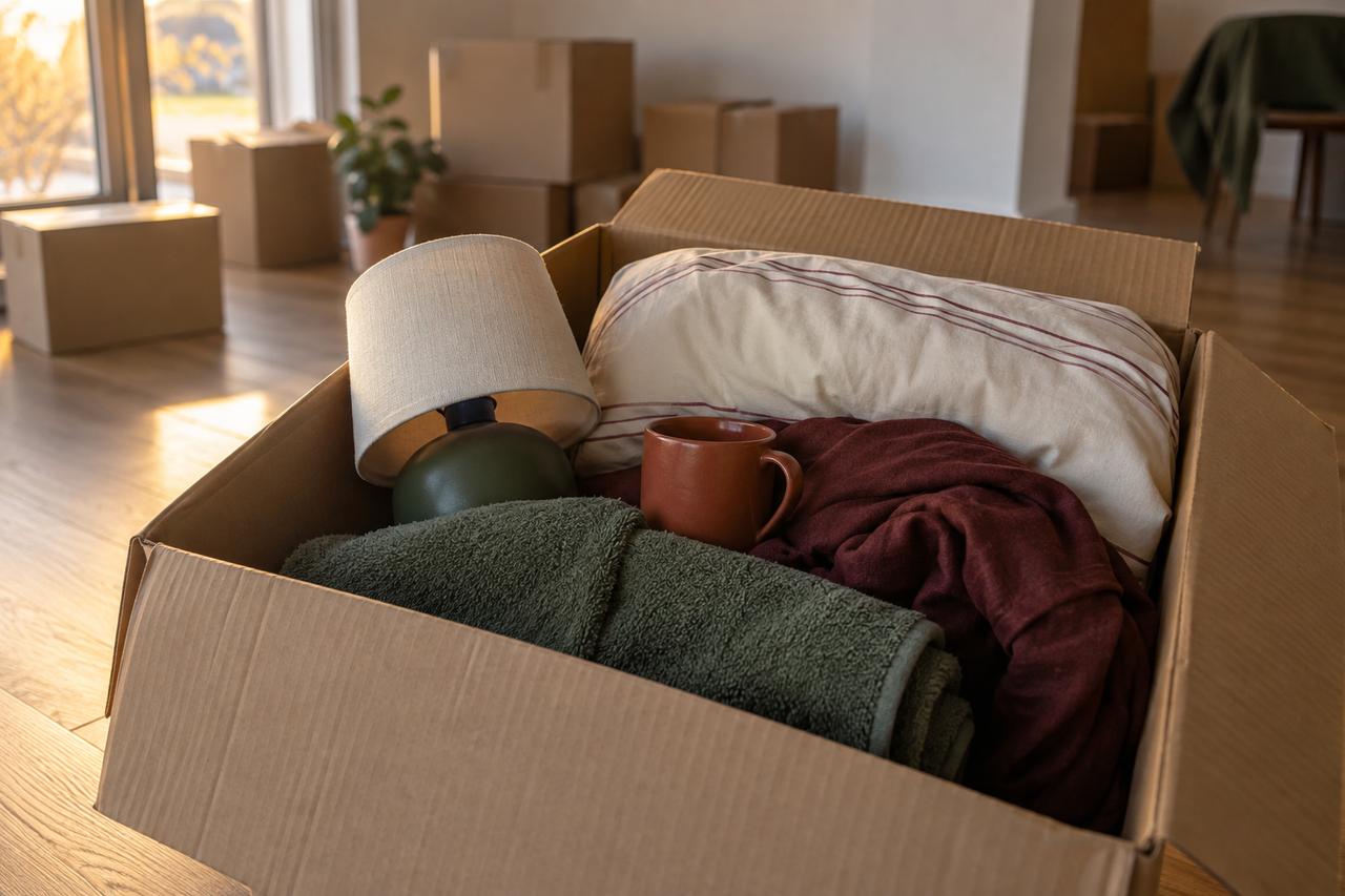 Una caja abierta con una lámpara, una taza y ropa de cama en una vivienda todavía sin ordenar.