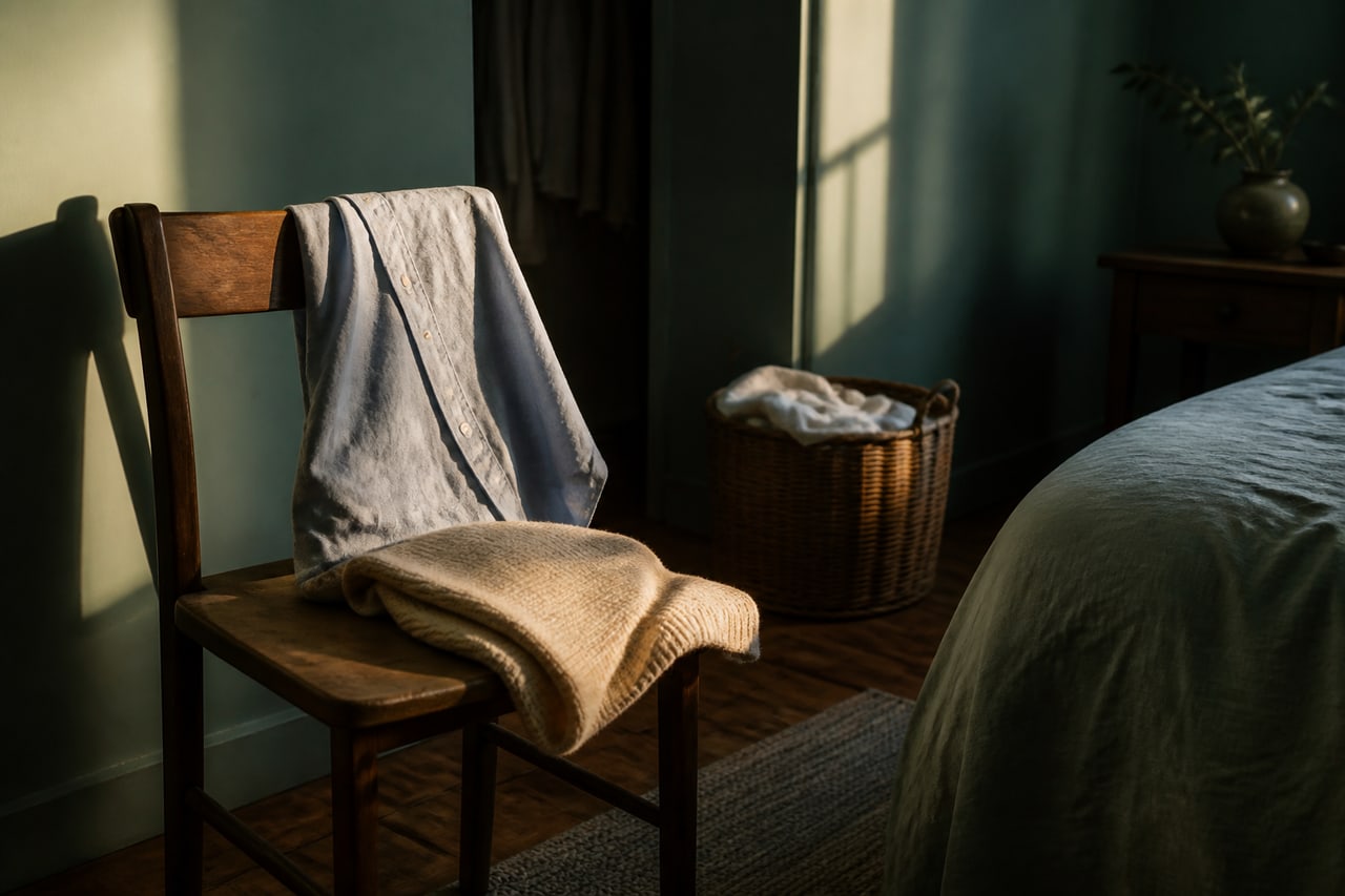 Una silla de madera sostiene una camisa aireándose y un jersey doblado, separada del cesto de ropa.