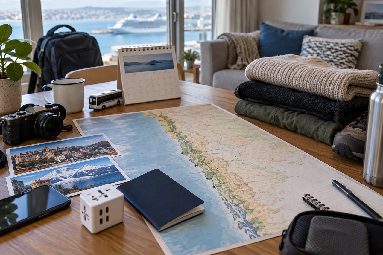 Mapa abstracto de la costa chilena, calendario, ropa por capas y documentos genéricos sobre una mesa.