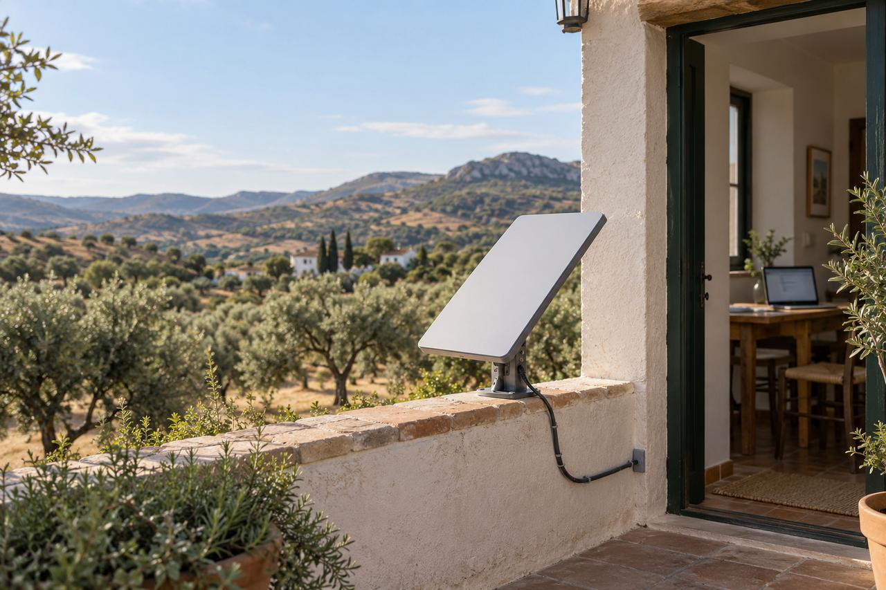 Terminal de internet por satélite junto a una casa rural, con el cielo despejado y un portátil visible a través de la puerta.