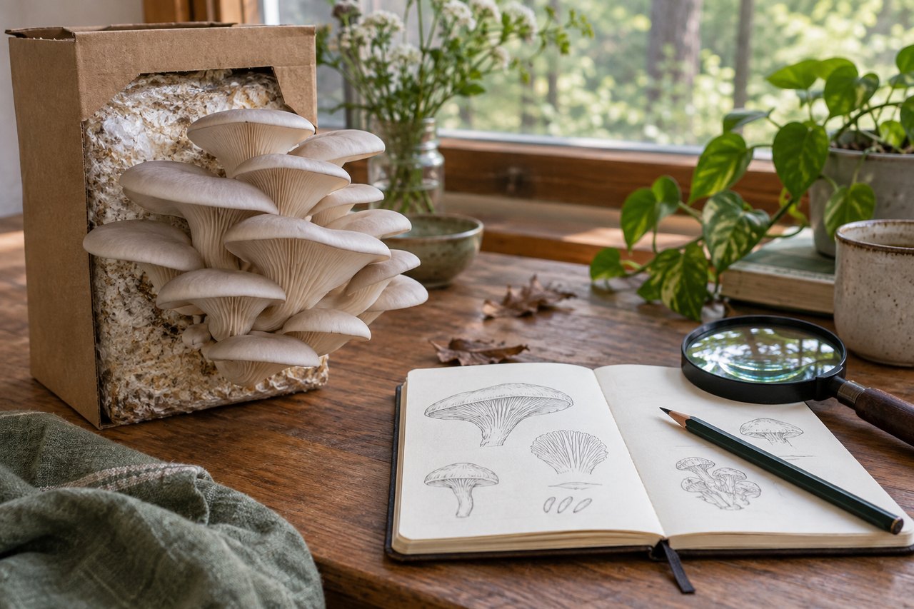 Kit de cultivo de seta de ostra comestible junto a un cuaderno de observación y una lupa.