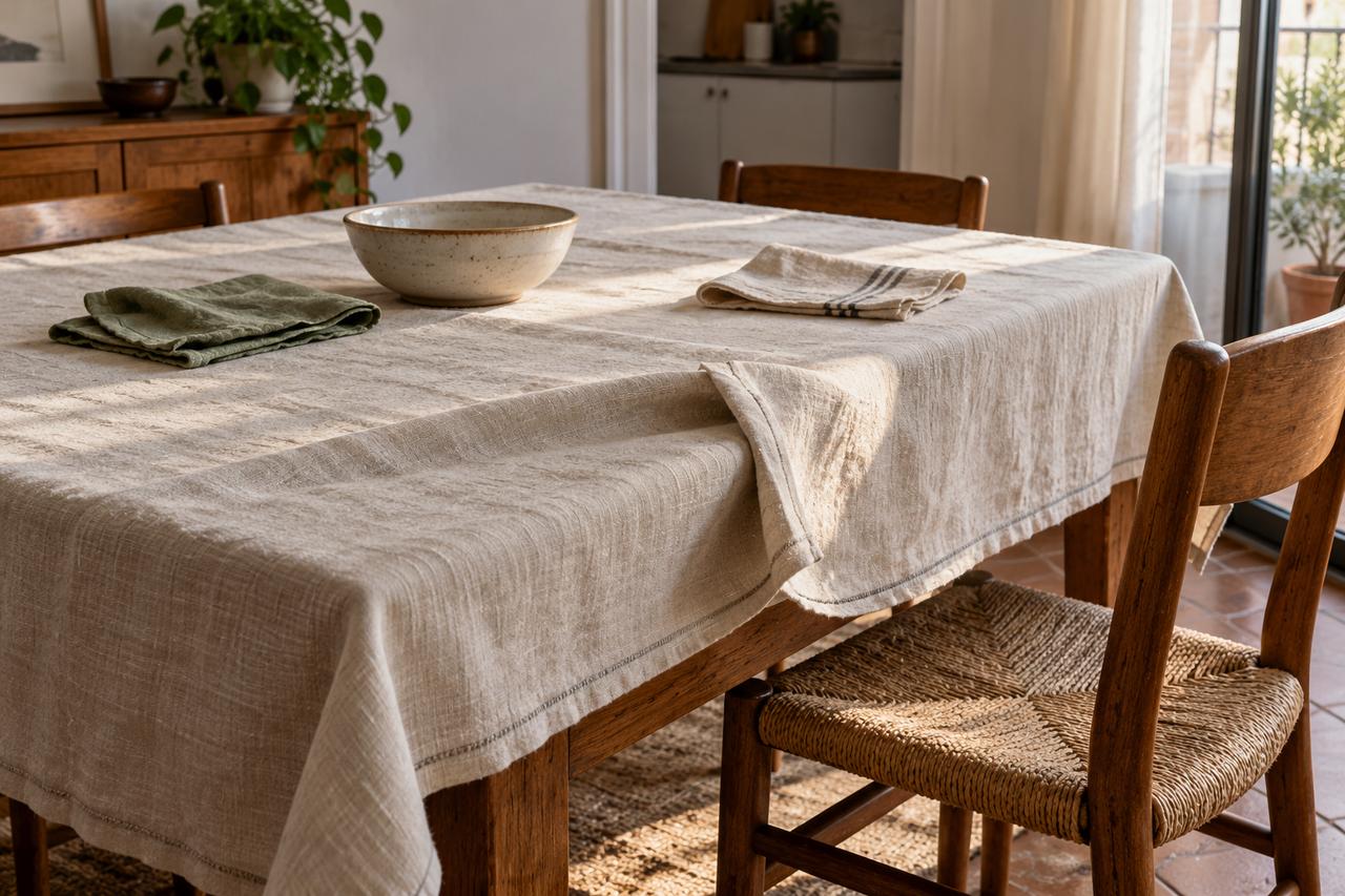 Mantel de lino claro sobre una mesa de madera, con un cuenco de cerámica y dos servilletas de tela.