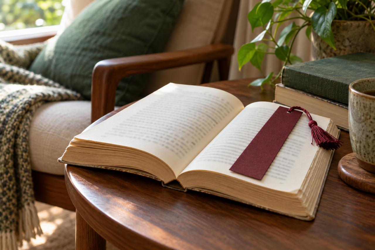 Separador de papel burdeos sobre un libro abierto en una mesa de madera junto a un sillón.