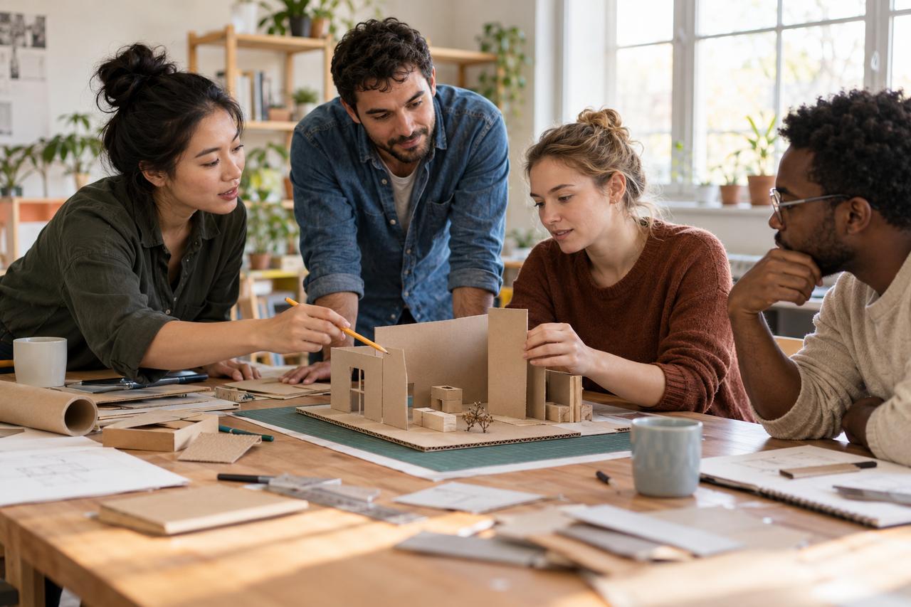Cuatro personas colaboran alrededor de una mesa para construir una maqueta sencilla de cartón.