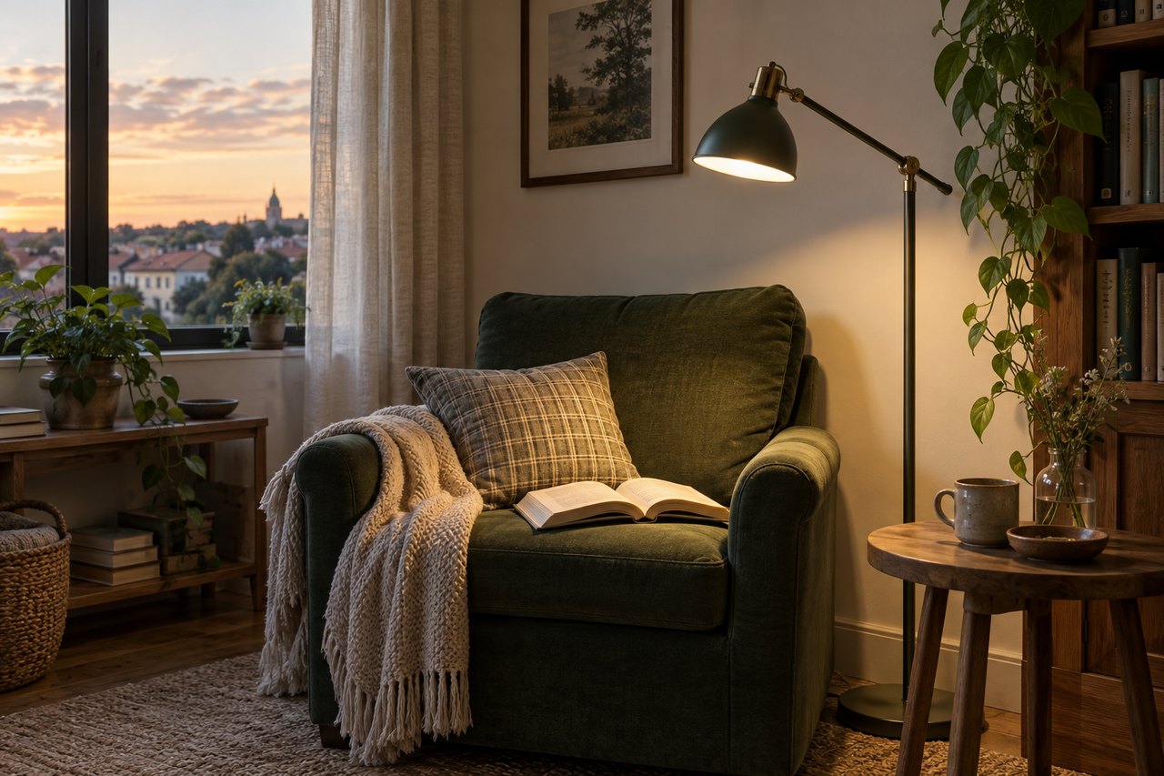 Lámpara orientable iluminando un libro abierto sobre un sillón verde al atardecer.